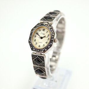 Vivani Womens Watch Octagon MOP Dial Silver Black Stone Bracelet w New Battery